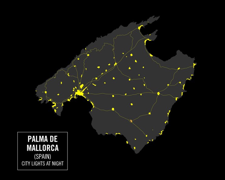 Mapa detallado de la isla de Palma de Mallorca España Vista nocturna desde el espacio Ilustración vectorial