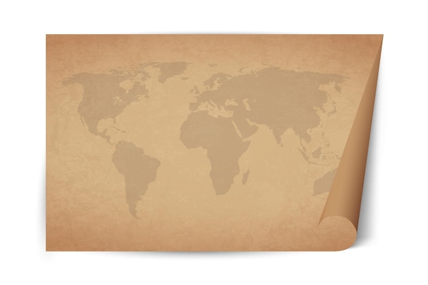 Mapa detallado del mundo en papel viejo marrón con esquina rizada Pergamino histórico con globo terráqueo
