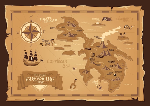 Vector mapa detallado del tesoro pirata con bordes deshilachados en ilustración plana de estilo vintage