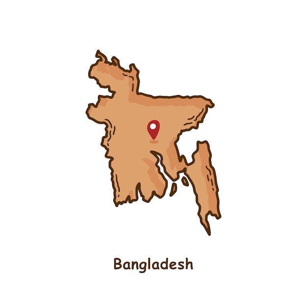 Mapa dibujado a mano de bangladesh con diseño de dibujos animados de línea simple moderna de color marrón