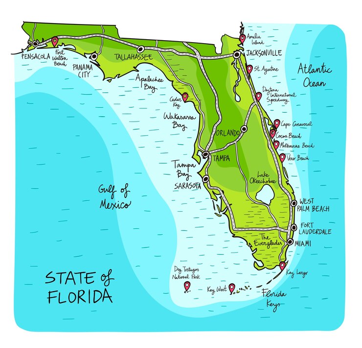 Mapa dibujado a mano de Florida con las principales ciudades.