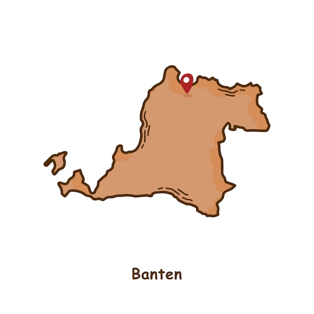 Mapa dibujado a mano de la provincia de Banten, Indonesia Diseño moderno de dibujos animados de línea simple