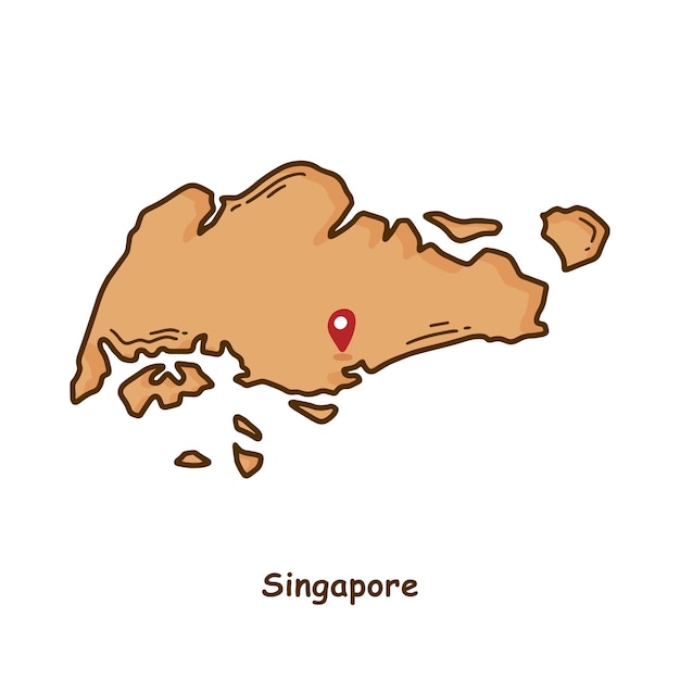 Mapa dibujado a mano de Singapur con diseño de dibujos animados de línea simple moderna de color marrón