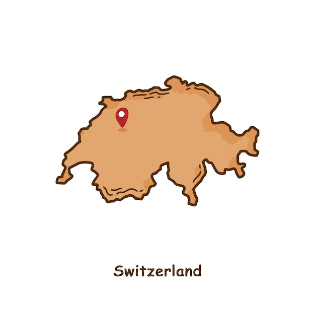Mapa dibujado a mano de Suiza con diseño de dibujos animados de línea simple y moderno de color marrón