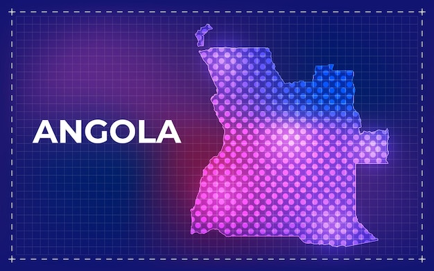 Mapa digital de angola con puntos brillantes y fondo tecnológico