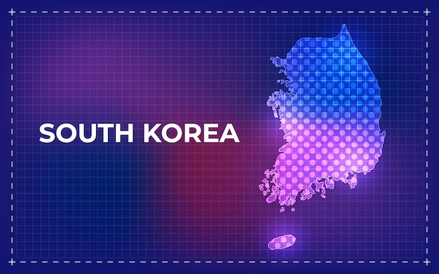 Vector mapa digital de corea del sur con puntos brillantes y fondo tecnológico