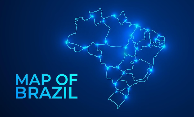 Mapa digital luminoso futurista de Brasil con contorno azul neón y fondo de concepto tecnológico