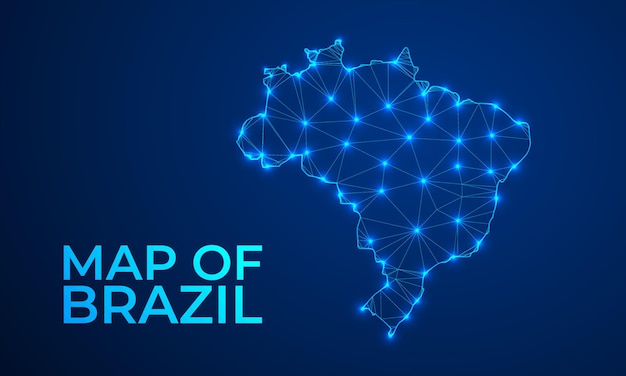 Mapa digital luminoso futurista de Brasil con contorno azul neón y fondo de concepto tecnológico
