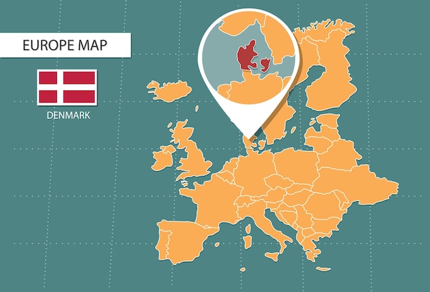 Vector mapa de dinamarca en los iconos de la versión de zoom de europa que muestran la ubicación y las banderas de dinamarca