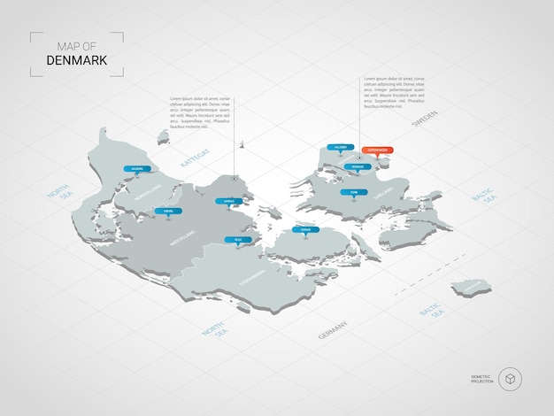 Mapa de Dinamarca isométrica. Ilustración de mapa estilizado con ciudades, fronteras, capitales, divisiones administrativas y marcas de puntero; fondo degradado con rejilla.