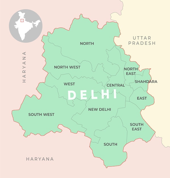 Mapa del distrito de delhi con el estado vecino