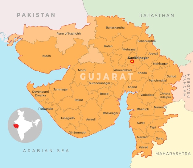 Vector mapa del distrito de gujarat con el estado vecino