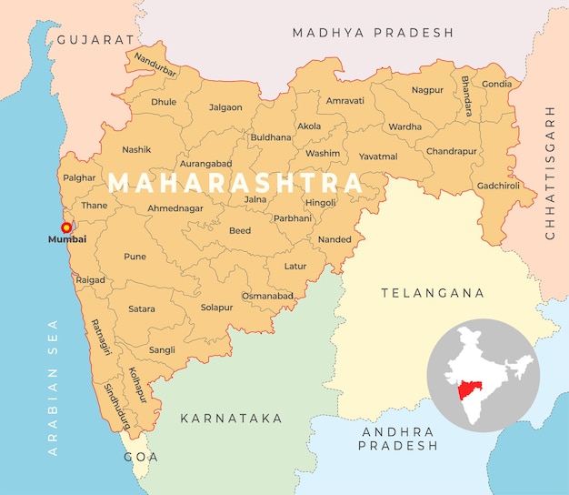 Mapa del distrito de maharashtra con el estado vecino