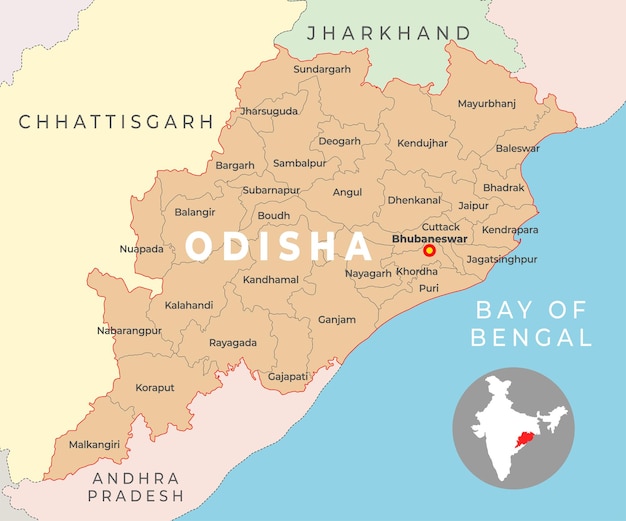 Mapa del distrito de odisha con el estado vecino