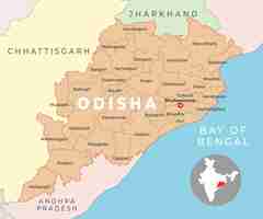 Vector mapa del distrito de odisha con el estado vecino