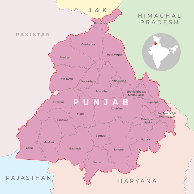 Mapa del distrito de punjab con el estado y el país vecino