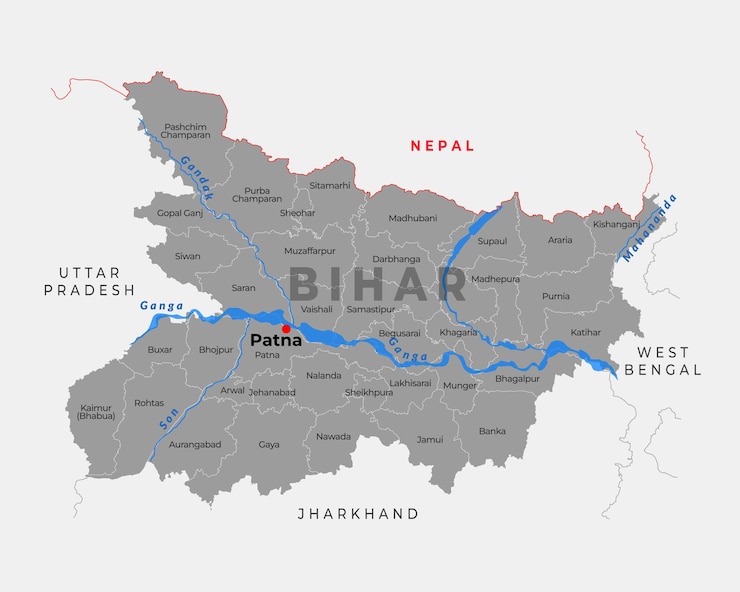 Vector mapa del distrito y el río de bihar con el estado y el país vecino