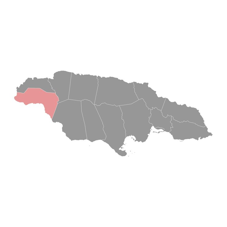 Vector mapa de la división administrativa de la parroquia de westmoreland en jamaica ilustración vectorial