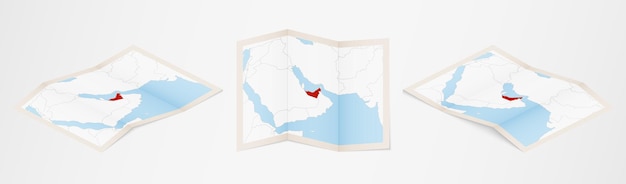 Mapa doblado de Emiratos Árabes Unidos en tres versiones diferentes.