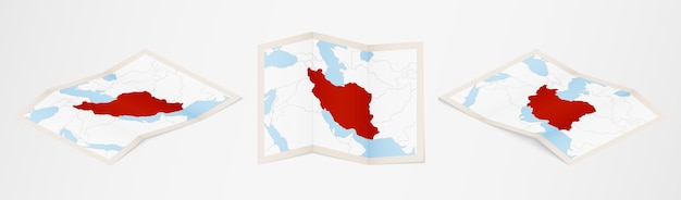 Mapa doblado de irán en tres versiones diferentes. mapa de vectores de irán.