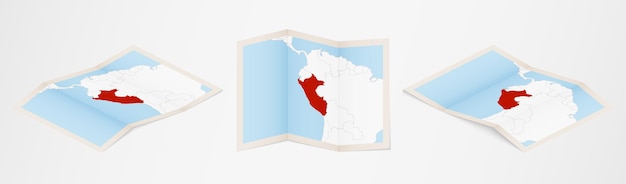 Mapa doblado del perú en tres versiones diferentes.