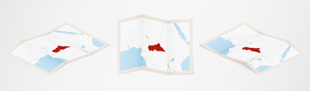 Mapa doblado de república centroafricana en tres versiones diferentes.