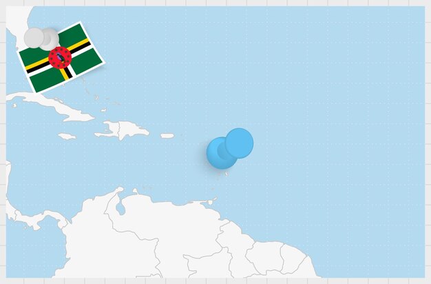 Mapa de Dominica con un alfiler azul anclado Bandera de Dominica