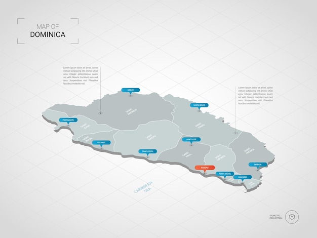 Mapa de dominica isométrica. ilustración de mapa estilizado con ciudades, fronteras, capitales, divisiones administrativas y marcas de puntero; fondo degradado con rejilla.