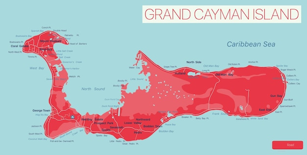Mapa editable detallado de la isla Gran Caimán