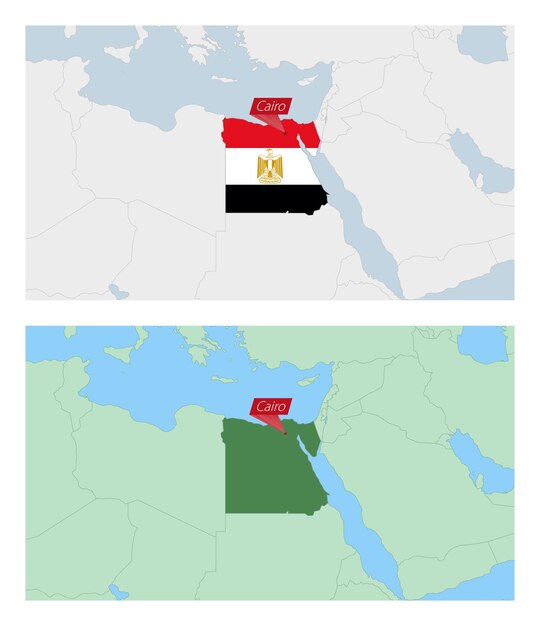 Mapa de Egipto con pin de la capital del país Dos tipos de mapa de Egipto con los países vecinos