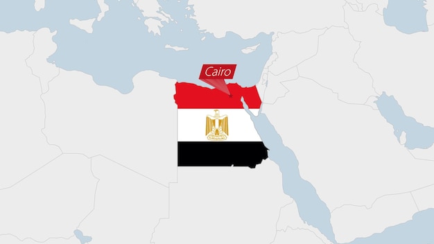 Mapa de Egipto resaltado en los colores de la bandera de Egipto y pin de la capital del país, El Cairo