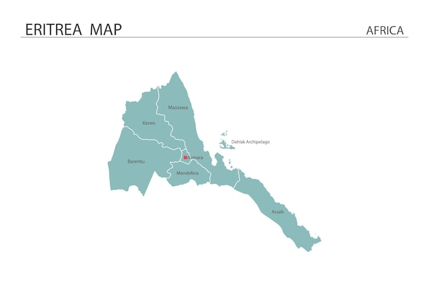mapa de eritrea sobre fondo blanco El mapa tiene todas las provincias y marca la ciudad capital de eritrea