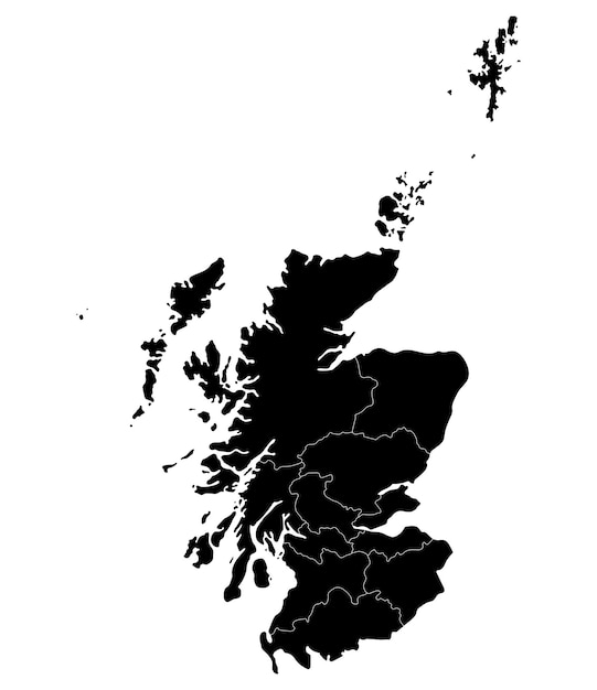 Mapa de Escocia en regiones administrativas en color negro