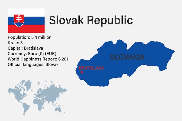 Mapa de Eslovaquia muy detallado con capital de bandera y pequeño mapa del mundo