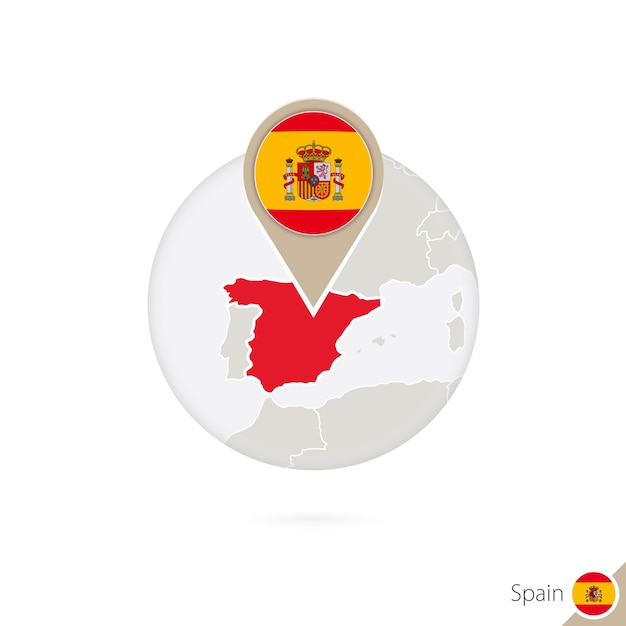 Mapa de España y bandera en círculo. Mapa de España, bandera de España. Mapa de España al estilo del globo. Ilustración de vector.