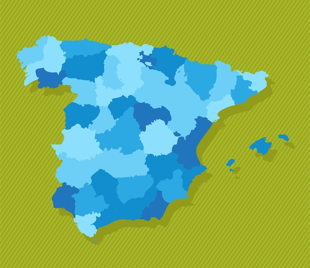 Vector mapa de españa con regiones mapa político azul ilustración vectorial de fondo verde.