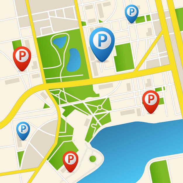 Mapa de estacionamiento 3d detallado realista para el vector de fondo de la tarjeta de aplicación