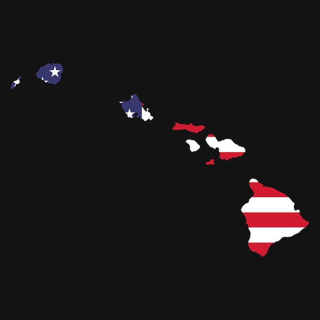 Mapa del estado de hawai con la bandera nacional estadounidense sobre fondo negro