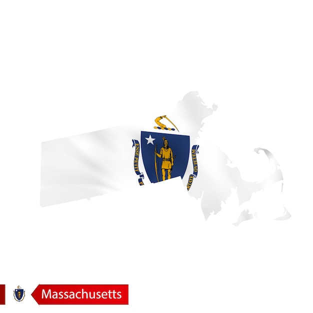 Mapa del estado de Massachusetts con la bandera ondeante del estado de EE. UU.