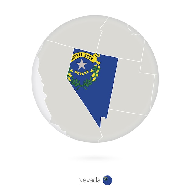 Mapa del estado de nevada y la bandera en un círculo contorno del mapa del estado de nevada ee. uu. con bandera ilustración vectorial