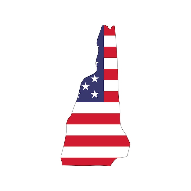 Mapa del estado de New Hampshire con la bandera nacional estadounidense sobre fondo blanco.
