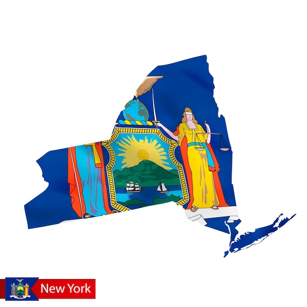 Mapa del estado de Nueva York con bandera ondeante del estado de EE. UU.