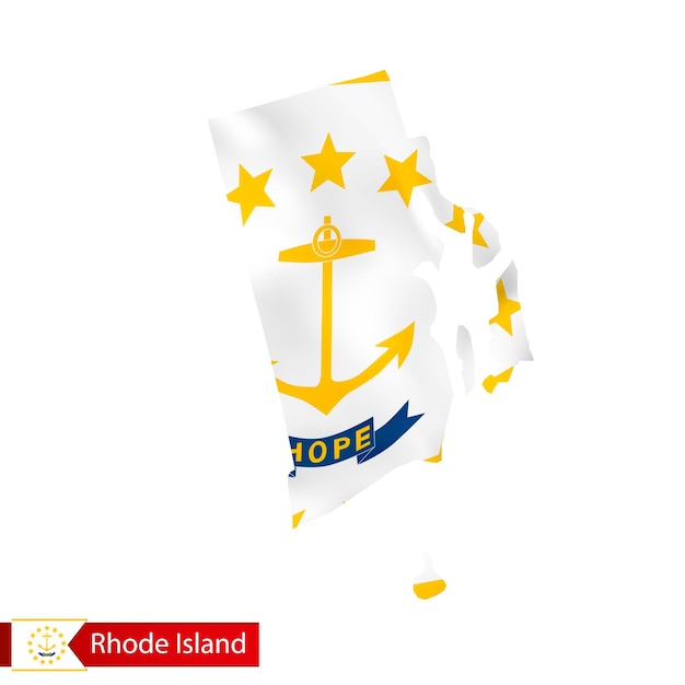 Mapa del estado de Rhode Island con la bandera ondeante del estado de EE. UU.