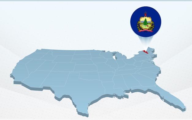 Mapa del estado de Vermont en el mapa de los Estados Unidos de América en perspectiva