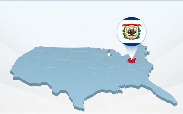 Mapa del estado de Virginia Occidental en el mapa de los Estados Unidos de América en perspectiva