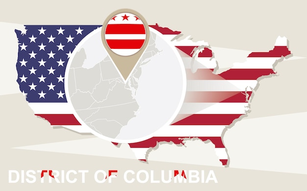 Vector mapa de estados unidos con la bandera y el mapa del distrito de columbia magnificados