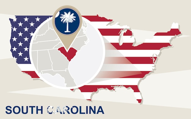 Vector mapa de estados unidos con la bandera y el mapa magnificados del estado de carolina del sur