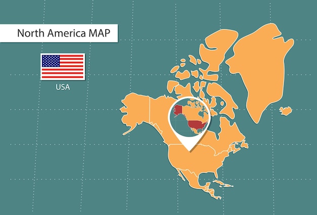 mapa de estados unidos en los iconos de la versión de zoom de estados unidos que muestran la ubicación y las banderas de estados unidos