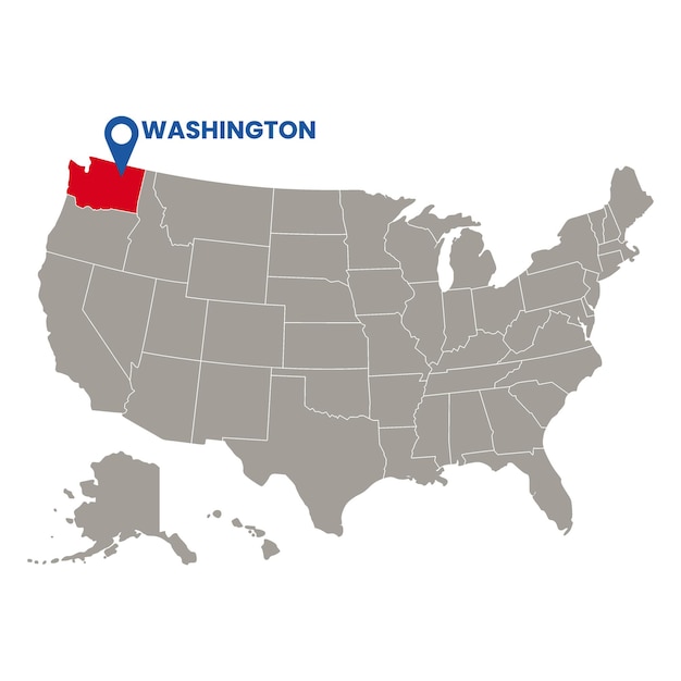 El mapa de los Estados Unidos muestra el estado de Washington resaltado en rojo con un pin de ubicación