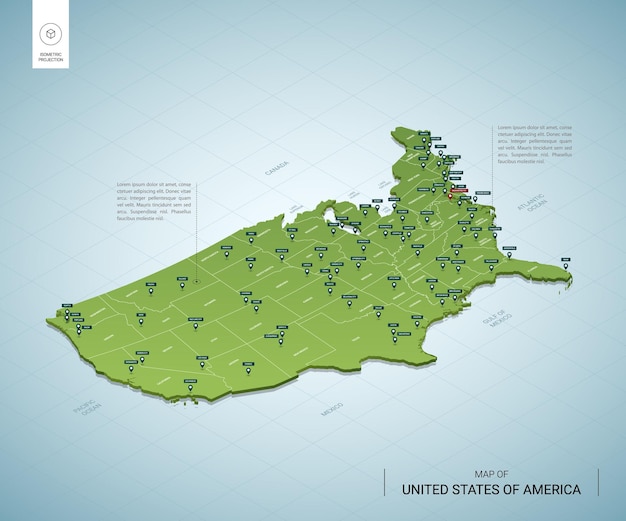 Mapa estilizado de estados unidos de américa. mapa verde 3d isométrico con ciudades, fronteras, capital washington, regiones.